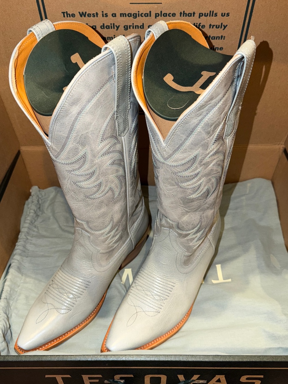 Tecovas Slate Blue Leather Western Boots with Tan Trim - Picture 1 of 6